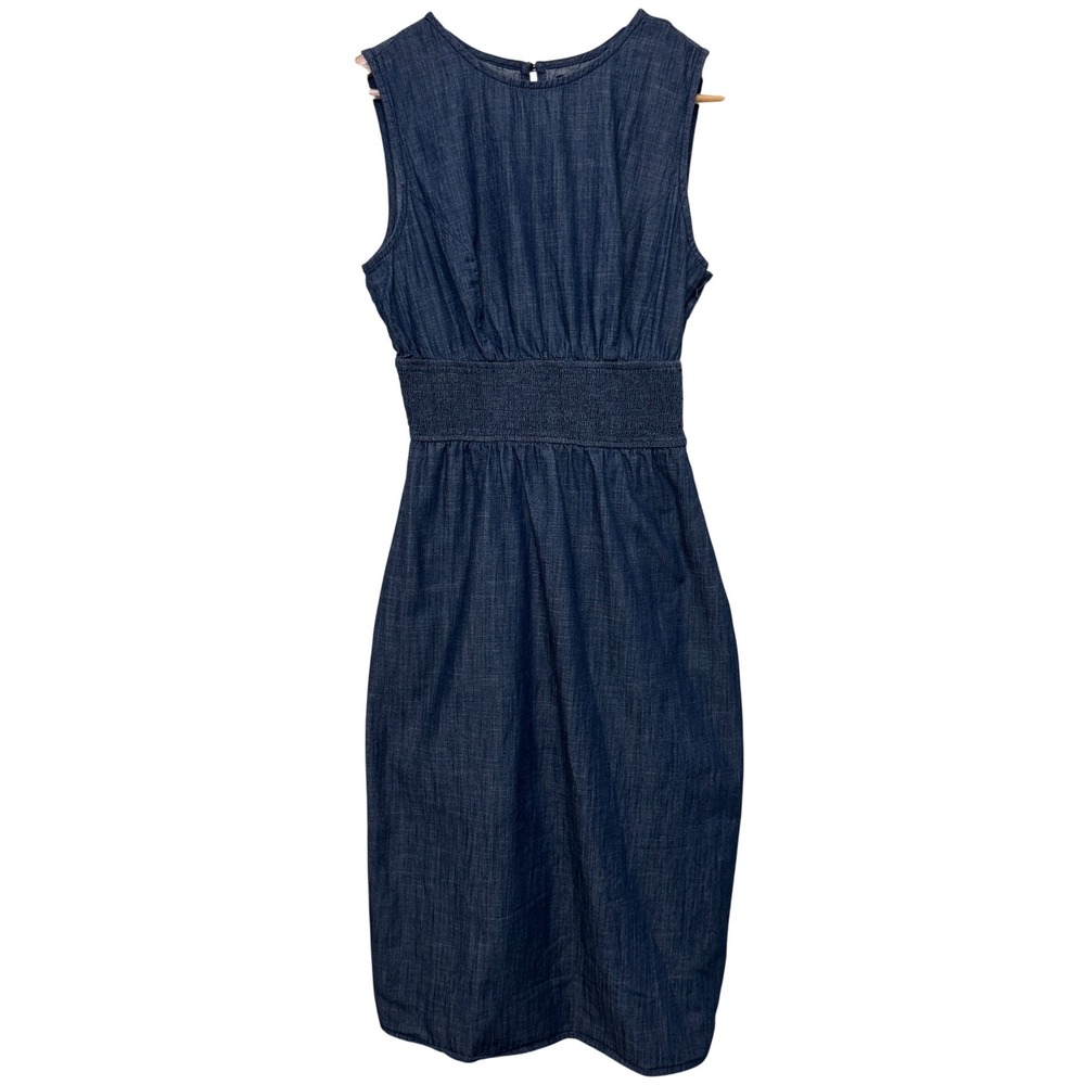 eShakti Womens Chambray Midi Dress Custom Blue Smocked Waist Cotton Cottagecore